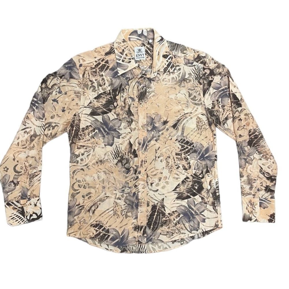 Envy Evolution Men’s Floral Long Sleeve Button Down Shirt Cream Gray White Large